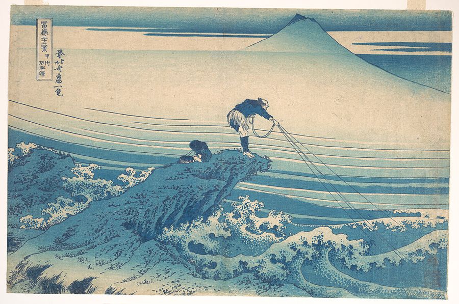 Kajikazawa nella provincia di Kai, stampa di Hokusai con un pescatore sulla roccia e il Fuji sullo sfondo