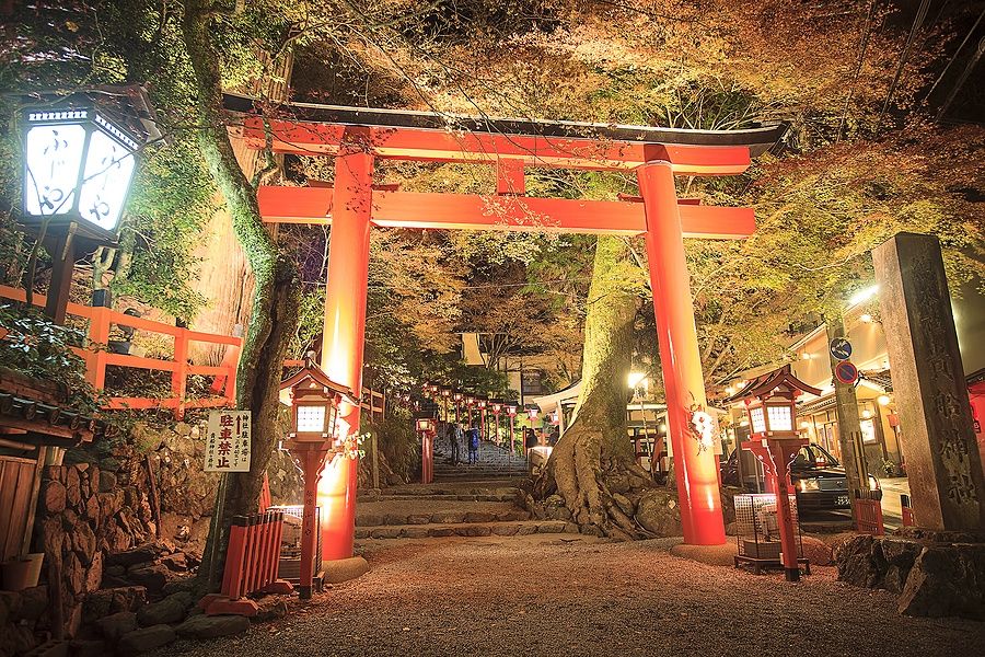 Torii rosso e lanterne nel Kifune Shrine di Kyoto in autunno.