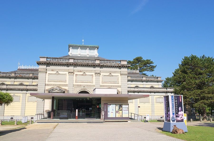 Facciata del Nara National Museum con un cielo limpido e un cervo.