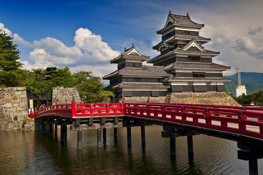 Castello di Matsumoto con ponte rosso sotto un cielo azzurro.