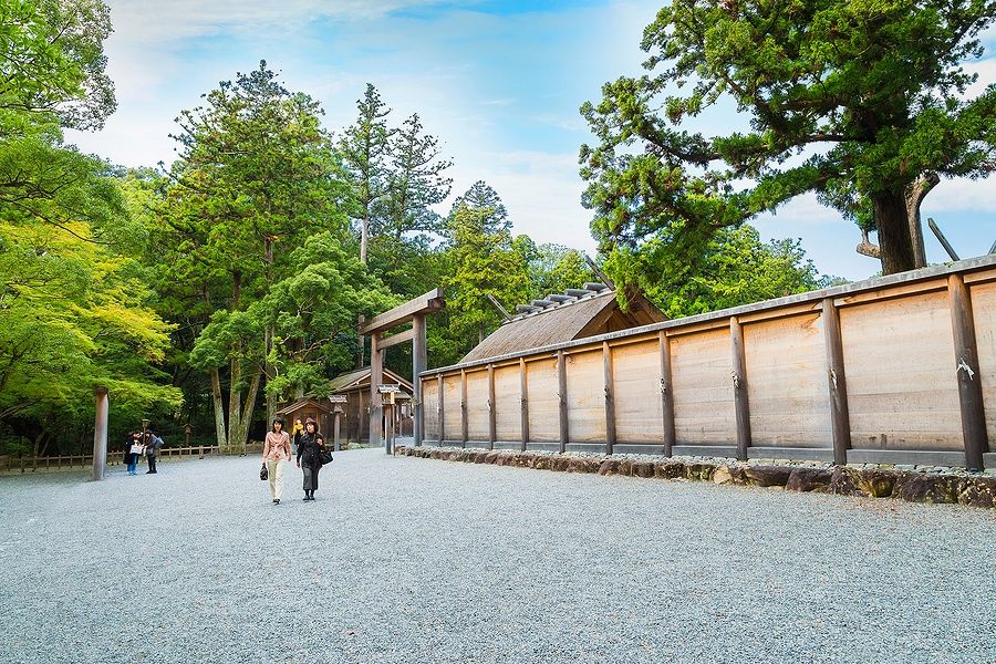 Persone che camminano lungo il viale del santuario di Ise Jingu Geku circondato da alberi.