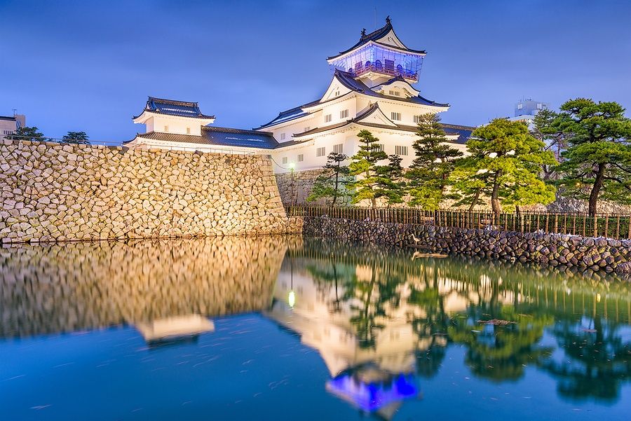 Toyama Castle illuminato con riflessi nell'acqua durante il crepuscolo.