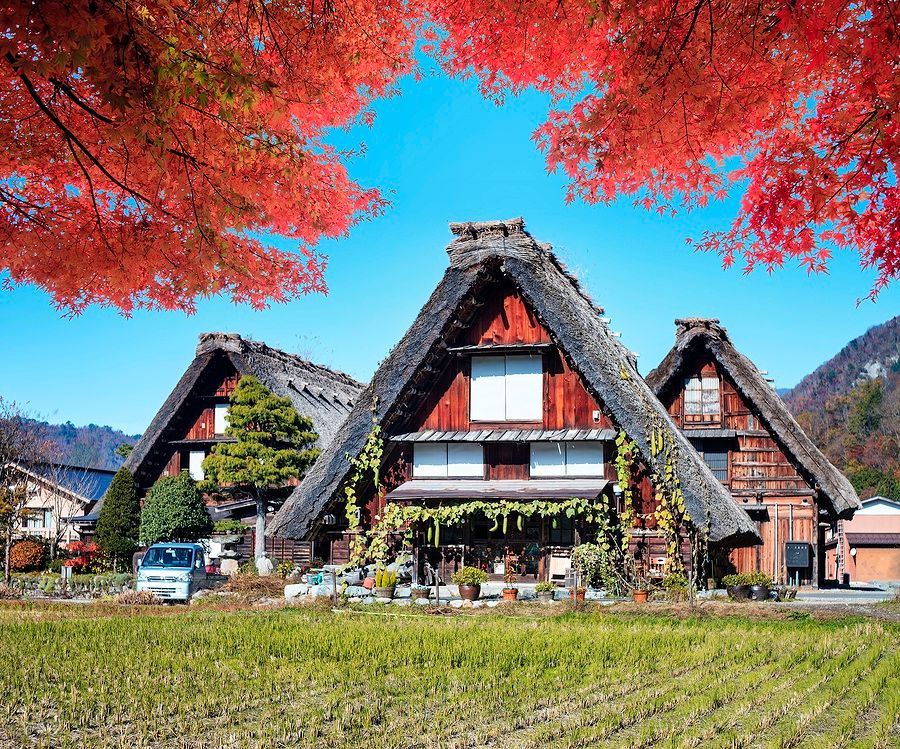 Case tradizionali con tetti di paglia incorniciate da foglie rosse a Shirakawa-gō.