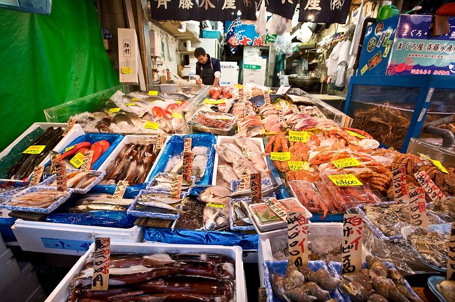 Pesce fresco esposto al mercato Tsukiji di Tokyo, Giappone.