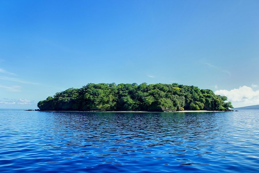 Piccola isola verde al largo della costa di Taveuni, Fiji.