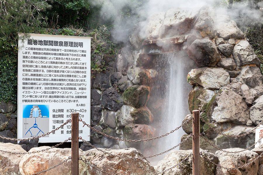 Sorgente termale fumante a Tatsumaki Jigoku, Beppu, Giappone.