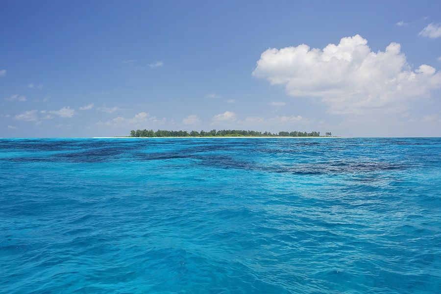 Bird Island nelle Seychelles con mare azzurro e cielo blu.