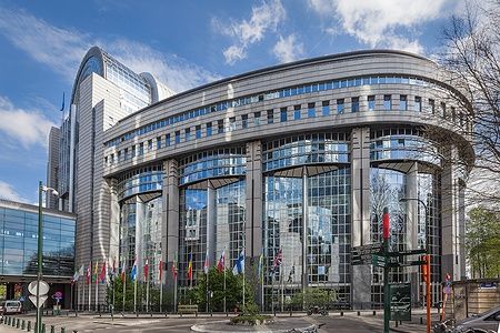 Edificio del Parlamento Europeo a Bruxelles con bandiere davanti.