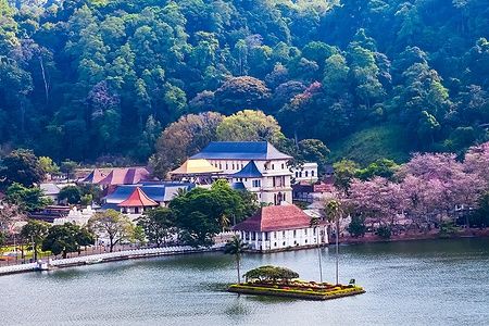 Vista del Tempio del Dente Sacro a Kandy, circondato da alberi e un lago.