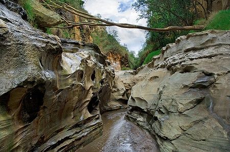 Canyon di Hell's Gate in Kenya con rocce erose e ruscello.