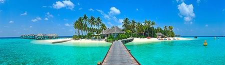 Isola delle Maldive con sole, palme e mare cristallino.