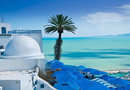 Vista di Sidi Bou Said in Tunisia, architettura bianca e blu e il Mar Mediterraneo.