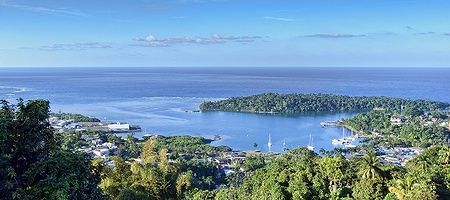 Vista aerea di Port Antonio, Jamaica, con porto e vegetazione.