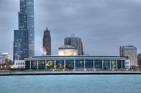 Il Shedd Aquarium di Chicago con grattacieli sullo sfondo.