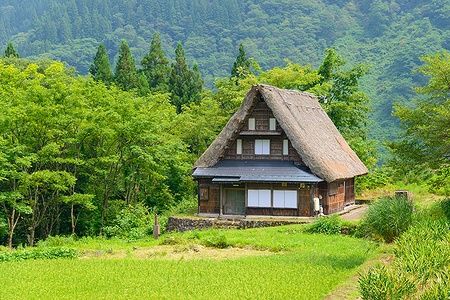 Casa Gassho-zukuri ad Ainokura, tra campi verdi e boschi.