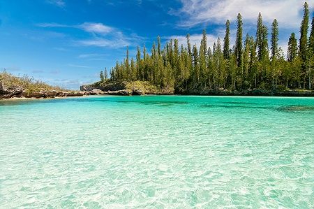 Piscina naturale di Oro Bay con acqua cristallina e foresta lussureggiante, Isle of Pines.