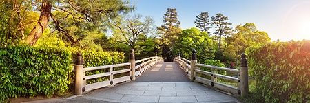 Ponte di legno tra gli alberi nel Kyoto Gyoen National Garden, Giappone.