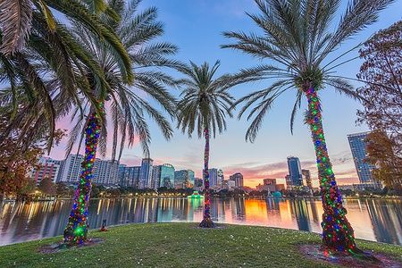 Skyline di Orlando al tramonto con palme illuminate sul lago Eola.