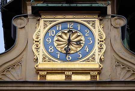 Orologio del Glockenspiel dorato a Graz, Austria con dettagli decorativi.