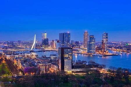 Vista notturna della skyline di Rotterdam dalla torre Euromast con il ponte Erasmus.