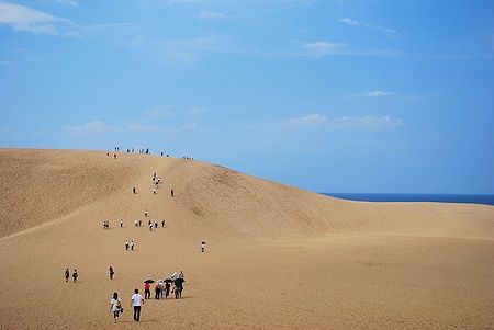 Persone che scalano le dune di sabbia di Tottori in Giappone sotto un cielo azzurro.