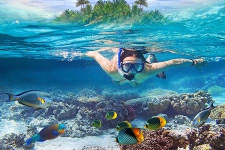 Donna che fa snorkeling nelle acque limpide delle Maldive tra pesci colorati.