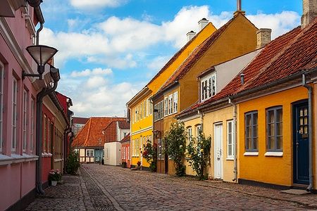 Strada acciottolata con case colorate a Odense
