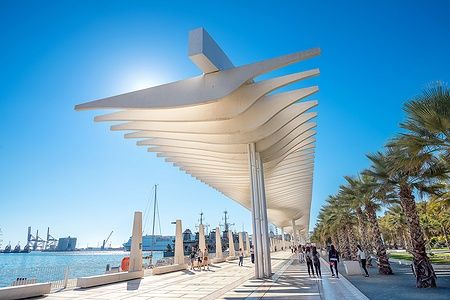 Passeggiata Palmeral de las Sorpresas al porto di Malaga con persone e palme al sole.