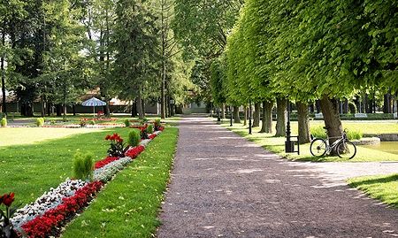 Viale alberato nel parco di Kadriorg a Tallinn con fiori e bicicletta.