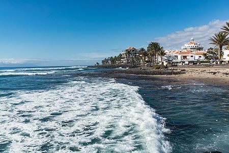 Costa oceanica a Playa de las Americas, Tenerife, con spiaggia e palme.