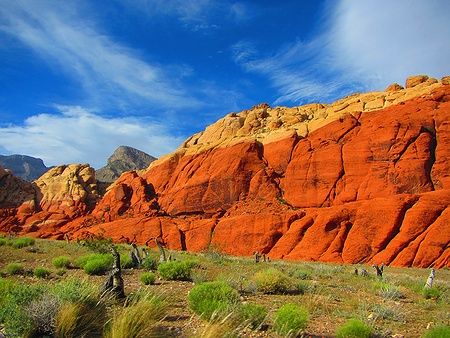 Scogliere rosse di Red Rock Canyon sotto un cielo blu.