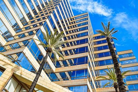 Edificio moderno con palme e cielo azzurro.