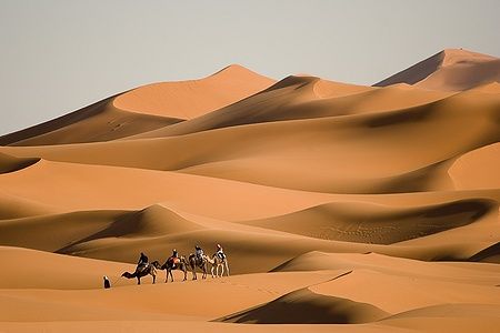 Persone su cammelli camminano tra le dune del deserto di Merzouga, Marocco.