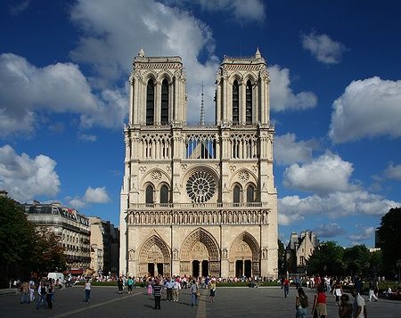 La facciata della Cattedrale di Notre-Dame a Parigi con persone sotto un cielo azzurro.
