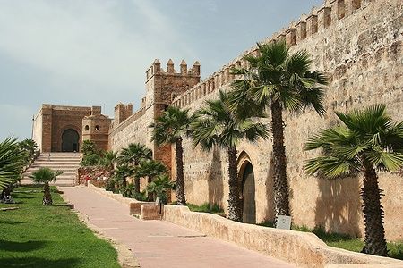 Mura della vecchia medina di Rabat con palme e sole.