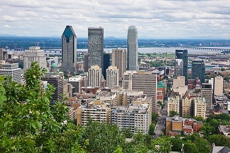 Vista di Montreal dal Mont Royal con grattacieli e alberi.