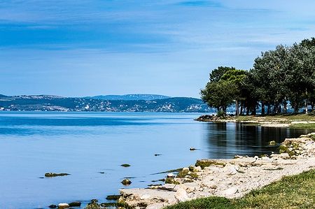 Vista del Lago Trasimeno con alberi lungo la costa e colline in lontananza.