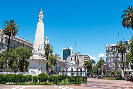 Monumento a Plaza de Mayo, Buenos Aires, con palme e edifici storici.