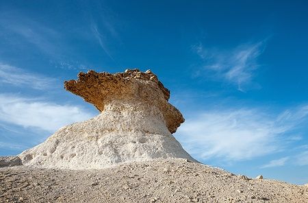 Scena del deserto di Ras Abrouq con formazione calcarea sotto un cielo azzurro.