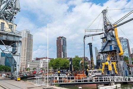 Porto con gru e imbarcazioni al Maritime Museum di Rotterdam.