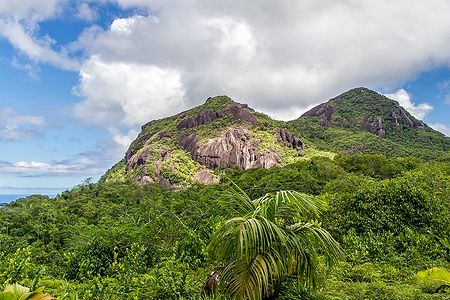 Vista del Morne Seychellois National Park con montagne e foresta verde.