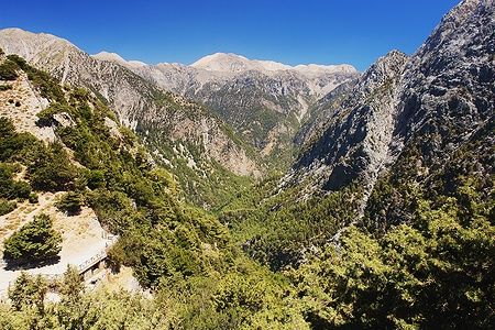 Veduta della gola di Samaria a Creta, circondata da montagne e vegetazione.