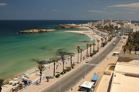 Costa di Mahdia con spiaggia e strada fiancheggiata da palme.