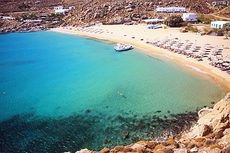Vista sulla Super Paradise Beach a Mykonos con mare cristallino e barca.