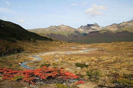 Paesaggio del Parco Nazionale della Terra del Fuoco con montagne e torrente.