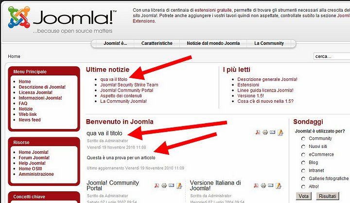 Homepage di un sito fatto con Joomla