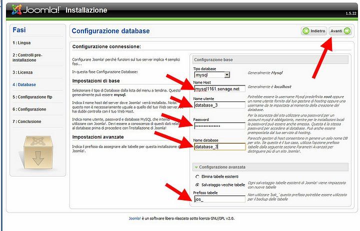 impostare il database mysql su Joomla