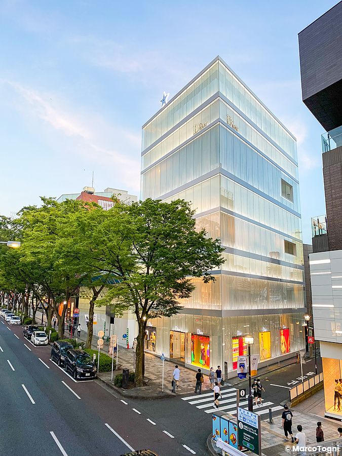 Edificio moderno in vetro lungo una strada alberata a Omotesando, Tokyo.