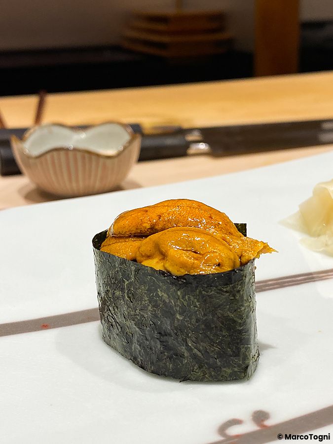 Un gunkan con riccio di mare adagiato su un piatto bianco presso il ristorante Ginza Kyubey a Tokyo.