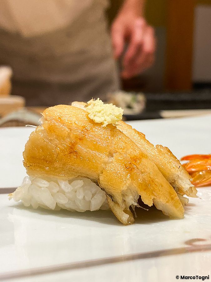 Un nigiri di anago con una punta di wasabi servito su un piatto bianco presso il ristorante Ginza Kyubey a Tokyo.
